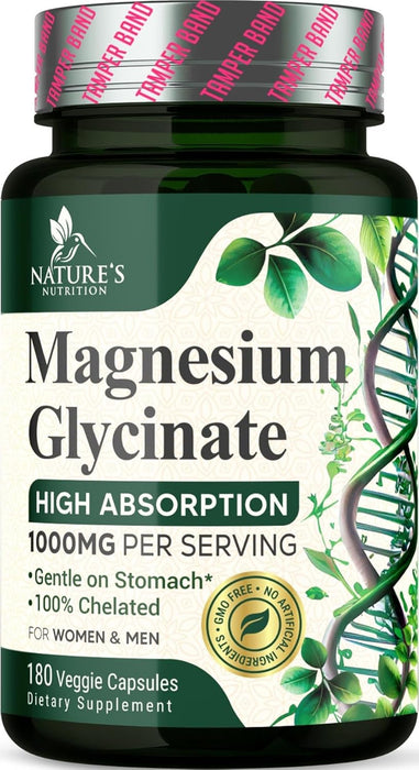 Magnesium Glycinate 1000mg Per Serving - Chelated Magnesium for Bone, Muscle, Nerves & Heart Health Support - Ultra Absorption - Natures Sleep Support, Best Mag Supplement Pill - 180 Capsules