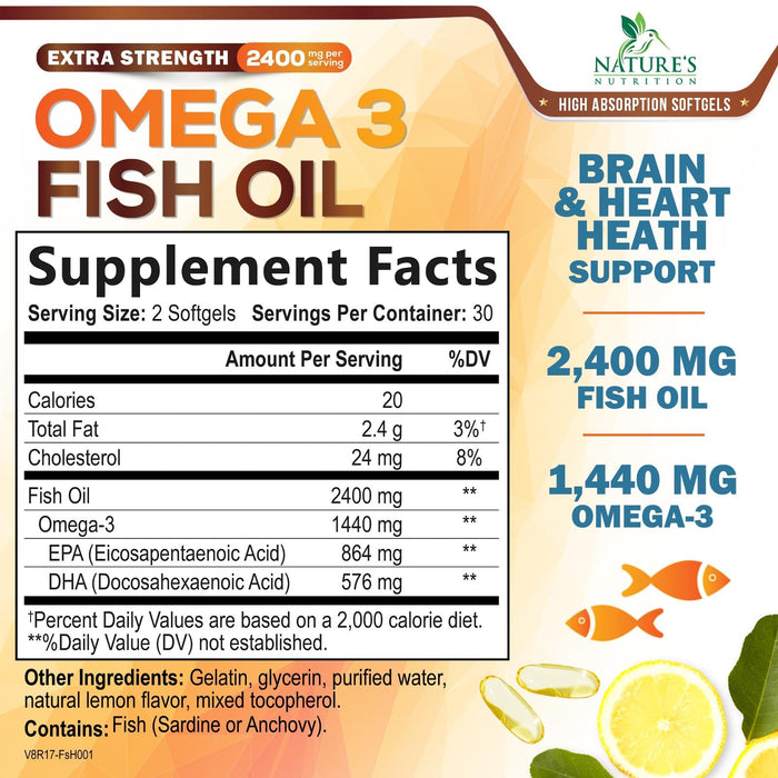 Omega 3 Fish Oil 2400 mg – Triple Strength EPA & DHA Fatty Acids for Heart, Brain & Joint Support – Wild-Caught, Burpless, Lemon Flavor Supplement – Natural, Non-GMO, Gluten-Free – 60 Softgels
