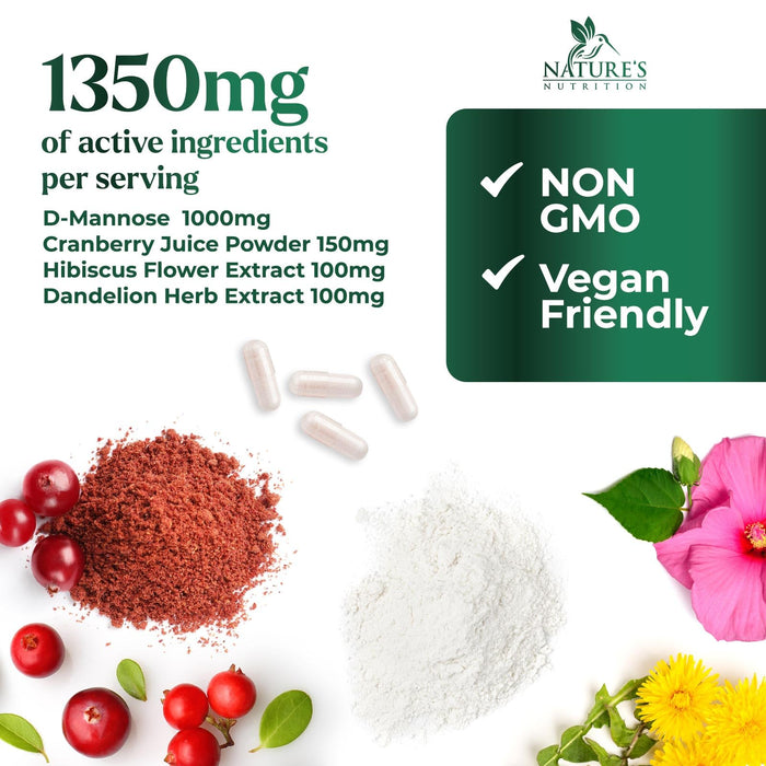 D-Mannose Supplement 1,350 mg with Cranberry & Hibiscus - Effective Fast-Acting, Flush The Impurities for Natural Bladder, Urinary Tract Health Support, for Women and Men, Non-GMO, Vegan, 60 Capsules