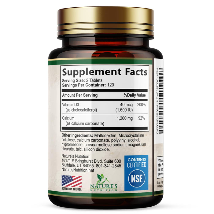 Calcium 1200 mg with Vitamin D3, Calcium Supplement Vitamins, Supports Bone Strength, Teeth & Immune System, Calcium Supplements for Women & Men, Nature's Absorbable Calcium Carbonate - 240 Tablets
