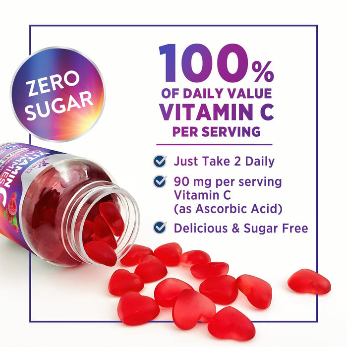 Zero Sugar Vitamin C Gummies - Immune Support & Antioxidant VitaminC Dietary Supplement - Vegan, Non-GMO, Dairy & Gluten Free C Vitamin Gummy - Raspberry Flavor for Kids & Adults - 120 Count Gummies