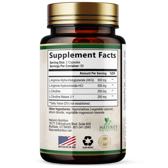 L-Arginine Supplement 1000mg with L-Citrulline - Heart Health Support - Muscle Supporting Nitric Oxide Precursor Booster for Extra Strength - Non-GMO Amino Acid Energy Blend For Men - 120 Capsules
