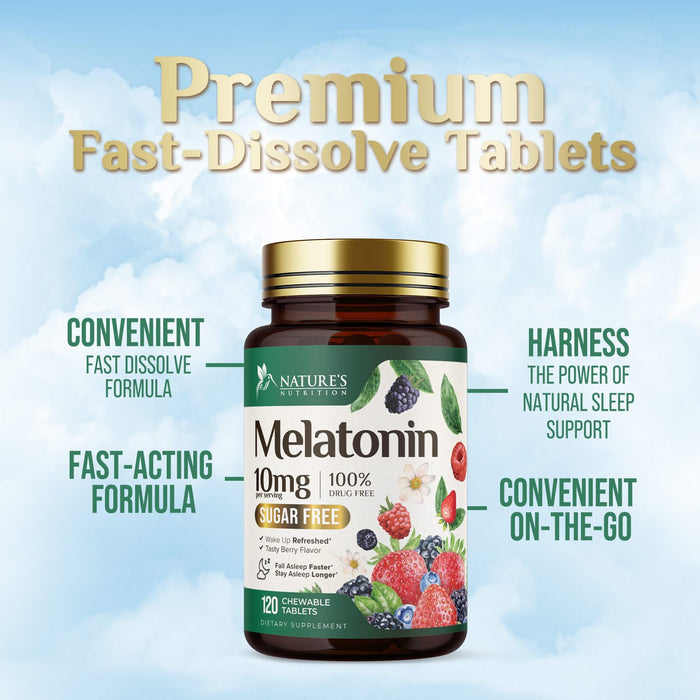 Melatonin 10 mg Fast Dissolve, Melatonin Supplements for Restful Sleep, Natural Sleep Support Supplement for Adults, Extra Strength Strawberry-Flavored Tablets, Sugar Free, 120 Tablets, 120 Day Supply