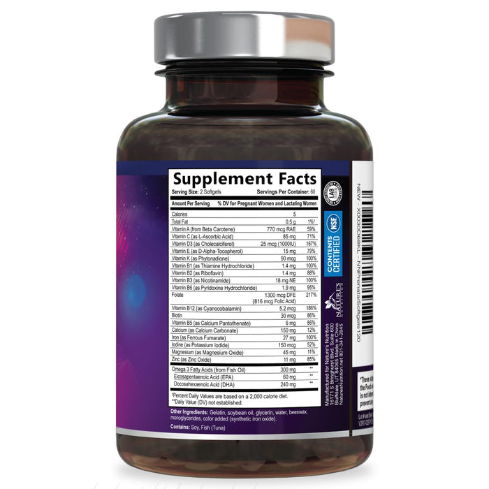 Prenatal Vitamins with Folic Acid & DHA, Fetal Brain Development Support with Folate & Omega 3's, Prenatal Multivitamin for Women, Vitamin A, C, D, B6, B12 & Iron, Pregnancy Supplement - 120 Softgels