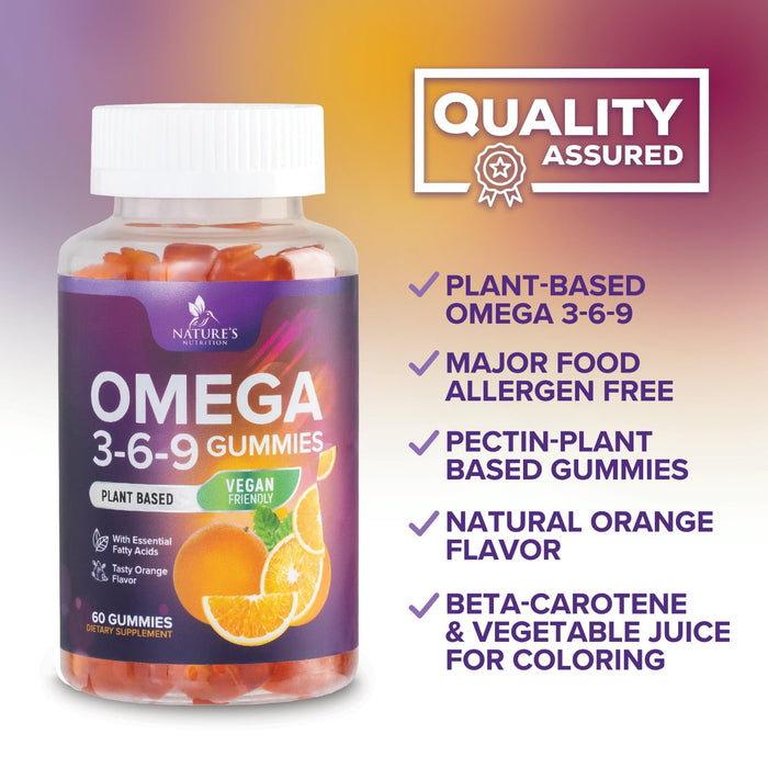 Omega 3 6 9 Vegan Gummies - Triple Strength Omega 3 Supplement Gummy - Essential Oil 369 Heart Support and Brain Support for Women, Men & Pregnant Women, Non-GMO, Orange Flavor - 60 Gummies