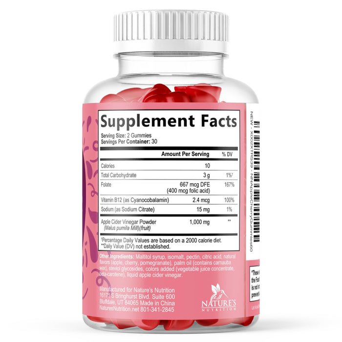 Vegan Apple Cider Vinegar Gummy 1000mg - Sugar Free ACV Gummies Vitamins Supplement with Vitamin B12 for Energy - Supports Digestion, Detox and Cleanse - Gelatin-Free, Non-GMO - 60 Gummies