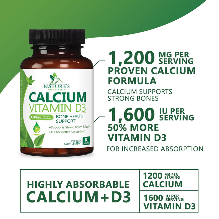 Calcium Supplement with Vitamin D - 1200 mg Calcium Carbonate with 1600 IU of D3 Vitamins - Supports Bone Strength, Teeth & Immune System - Natural & Easily Absorbable for Women & Men - 60 Tablets