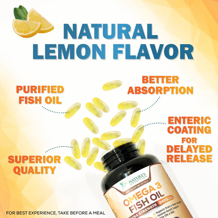 Omega 3 Fish Oil 2400 mg – Triple Strength EPA & DHA Fatty Acids for Heart, Brain & Joint Support – Wild-Caught, Burpless, Lemon Flavor Supplement – Natural, Non-GMO, Gluten-Free – 180 Softgels