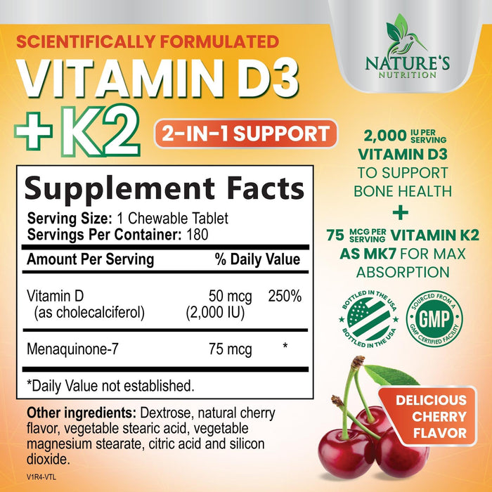 Vitamin D3 K2 2000 IU Plus with K2 (MK-7) 75 mcg - Vitamins D & K Complex Supplement for Bone, Teeth, Muscle, Calcium Absorption, Supports Immune & Heart Health, Non-GMO Chewable Formula - 180 Tablets