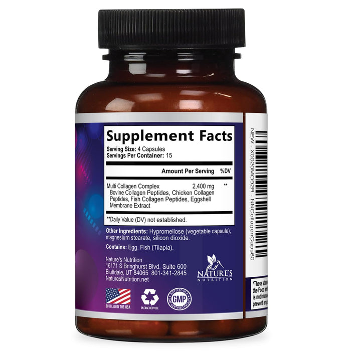 Multi Collagen Peptides Supplement - Hydrolyzed Types I, II, III, V & X Multi Collagen Pills, Hydrolyzed Collagen Peptides Supplements, Hair, Skin, Nail, and Joint Support Supplement, 60 Capsules