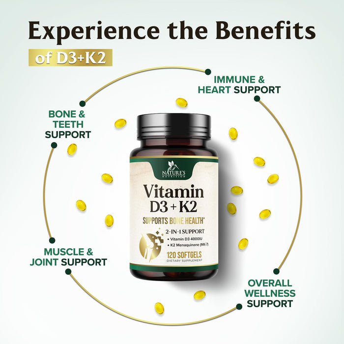 Vitamin D3 K2 5000 IU Plus with K2 (MK-7) 100 mcg - Vitamins D & K Complex Supplement for Bone, Teeth, Muscle, Calcium Absorption, Supports Immune & Heart Health, Non-GMO, Oil Formula - 120 Softgels