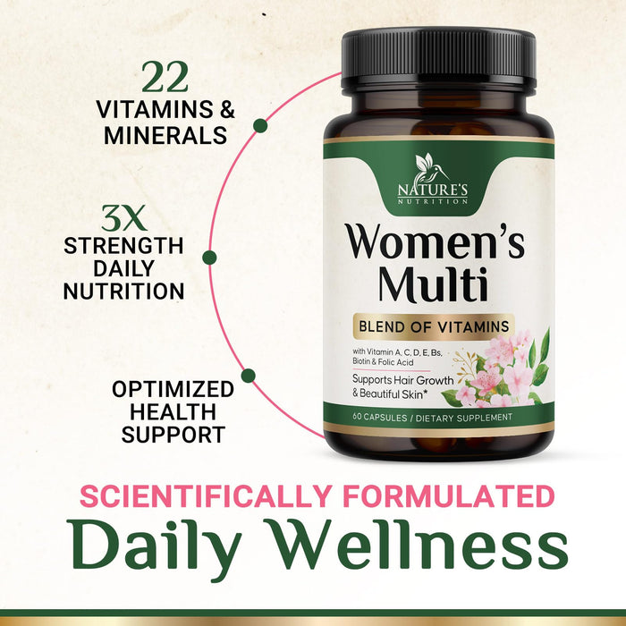 Multivitamin for Women with Vitamins A, C, D, E, B6, B12, Zinc, Calcium & Magnesium, Womens Daily Multi Vitamin Multimineral Supplement for Bone Health, Energy & Immune Support, Non-GMO - 60 Capsules