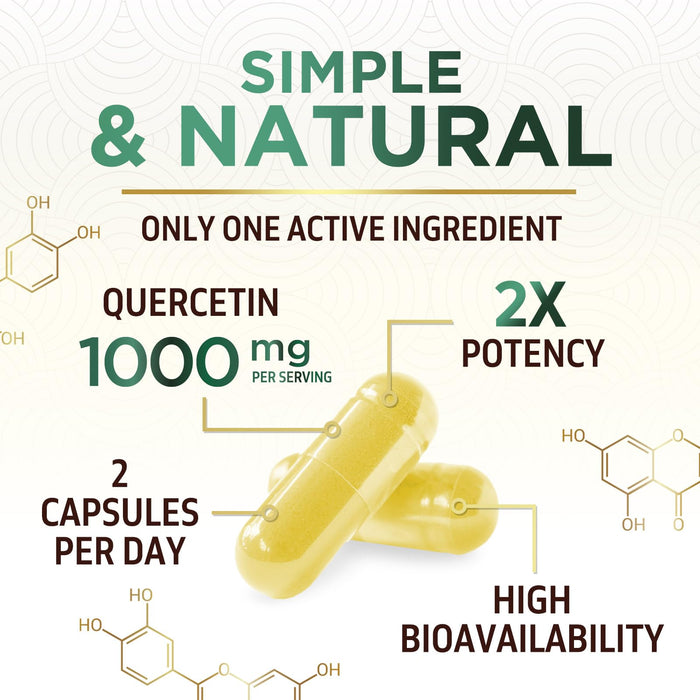 Quercetin 1000mg Per Serving – Extra Strength Quercetin Dihydrate Capsules from Sophora Japonica – Plant-Based Bioflavonoids for Cellular & Immune Support – Non-GMO, Vegan - 120 Veggie Capsules