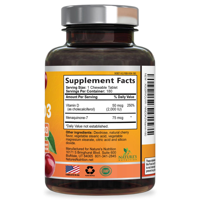 Vitamin D3 K2 2000 IU Plus with K2 (MK-7) 75 mcg - Vitamins D & K Complex Supplement for Bone, Teeth, Muscle, Calcium Absorption, Supports Immune & Heart Health, Non-GMO Chewable Formula - 180 Tablets
