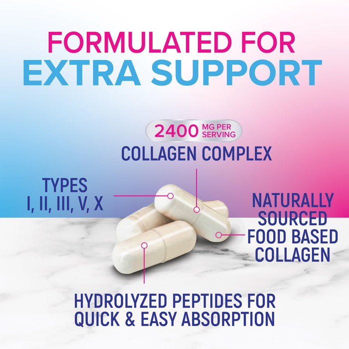 Multi Collagen Peptides Supplement - Hydrolyzed Types I, II, III, V & X Multi Collagen Pills, Hydrolyzed Collagen Peptides Supplements, Hair, Skin, Nail, and Joint Support Supplement, 240 Capsules