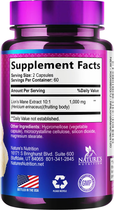 Lions Mane Mushroom Supplement - Brain Health Support for Focus, Memory, Cognition & Immune Support - Nature's Nootropic Lion's Mane Mushroom Extract Non-GMO, Vegetarian & Gluten Free - 120 Capsules
