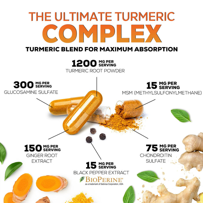 Turmeric Curcumin Supplement 2000mg with Glucosamine Chondroitin & Ginger, 95% Curcuminoids, BioPerine Black Pepper for Best Absorption, Nature's Joint Support, Non-GMO, Bottled in USA - 180 Capsules