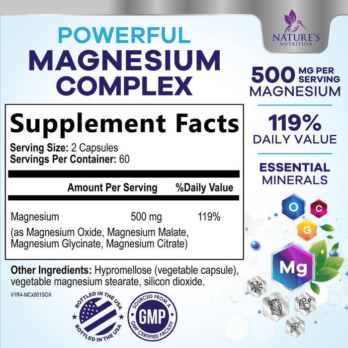 Magnesium Complex Supplement 500 mg - 4 in 1 High Absorption Chelated Magnesium Glycinate, Malate, Citrate, Oxide, Aquamin - Non-GMO Magnesio Capsules, Bone Muscle & Heart Health Support, 120 Capsules