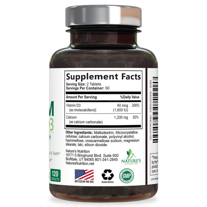 Calcium Supplement with Vitamin D - 1200 mg Calcium Carbonate with 1600 IU of D3 Vitamins - Supports Bone Strength, Teeth & Immune System - Natural & Easily Absorbable for Women & Men - 120 Tablets