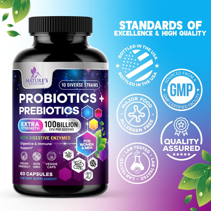 Probiotics for Women & Men 100 Billion CFU - 10 Strains with Lactobacillus, Digestive Gut Health Probiotics & Immune Support Supplement, Supports Occasional Constipation, Gas & Bloating - 60 Capsules
