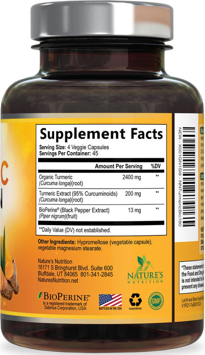 Turmeric Curcumin Supplement with BioPerine 95% Curcuminoids 2600mg with Black Pepper for Best Absorption, Bottled in USA, Best Natural Vegan Joint Support, Nature's Non-GMO Tumeric - 180 Capsules
