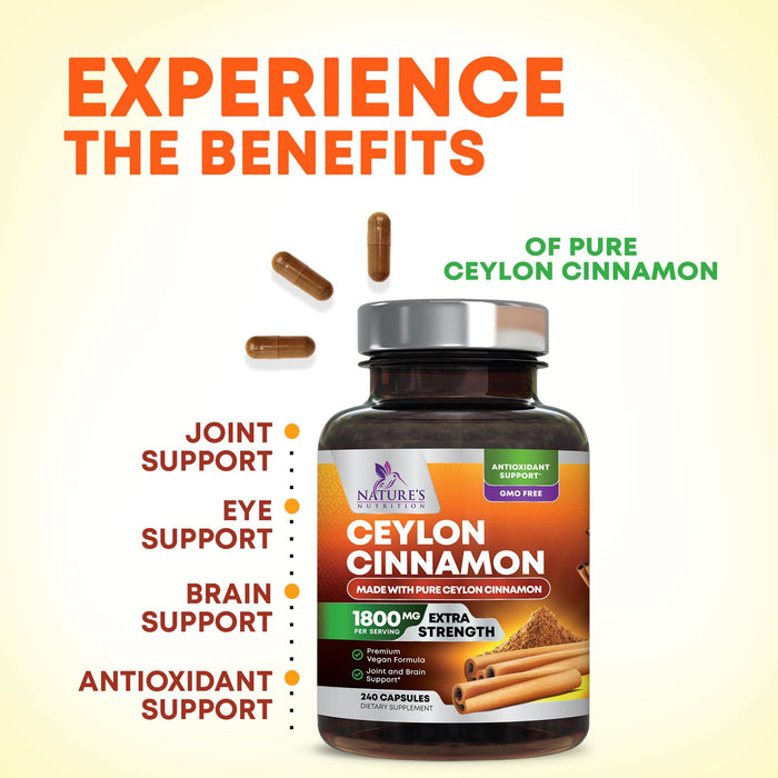 Organic Ceylon Cinnamon Supplement 1800mg - Certified Organic Ceylon Cinnamon Powder Pills - Energy & Heart Support for Women & Men, Bottled in USA, Antioxidant, Gluten Free, Non-GMO - 240 Capsules