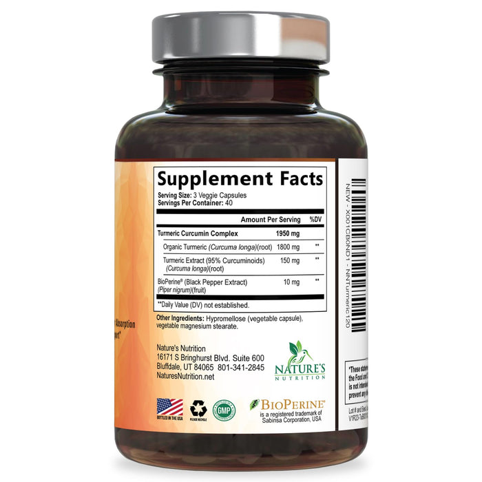 Turmeric Curcumin Supplement 1950mg - 95% Curcuminoids with Organic Turmeric & BioPerine Black Pepper Extract for Best Absorption, Nature's Vegan Joint Support, Non-GMO, Bottled in USA - 120 Capsules