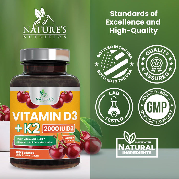 Vitamin D3 K2 2000 IU Plus with K2 (MK-7) 75 mcg - Vitamins D & K Complex Supplement for Bone, Teeth, Muscle, Calcium Absorption, Supports Immune & Heart Health, Non-GMO Chewable Formula - 180 Tablets