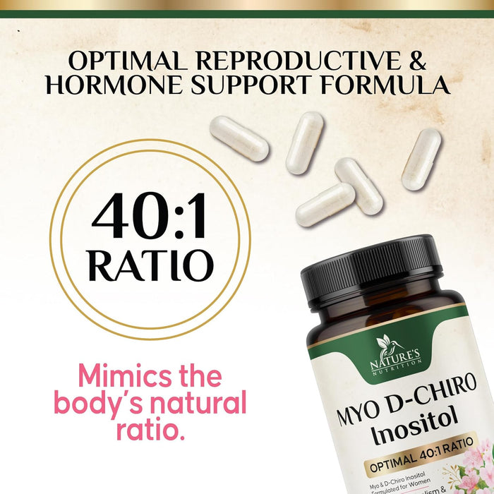 Myo-Inositol & D-Chiro Inositol 1025mg - 40:1 Ideal Ratio for Ovarian Support, Vegan Myo & D Chiro Supplement for Women's Natural Balance and Hormone Support, Vitamin B8, Non-GMO - 60 Capsules