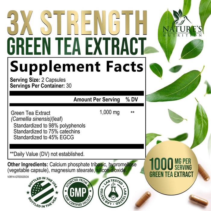 Green Tea Extract Capsules 1000mg 98% Standardized EGCG - 3X Strength for Natural Energy - Heart Support with Polyphenols - Gentle Caffeine - 60 Capsules