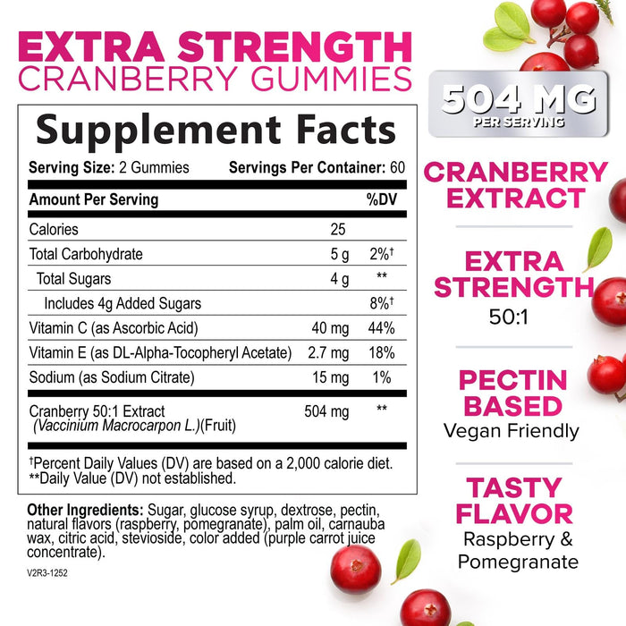 Cranberry Gummies 50:1 Cranberry Extract - Urinary Tract Support Made with 25,000mg, Helps Cleanse & Protect, Cran Berry Gummy Supplement + Vitamin C, Chewable Cran Pills for Women - 120 Gummies