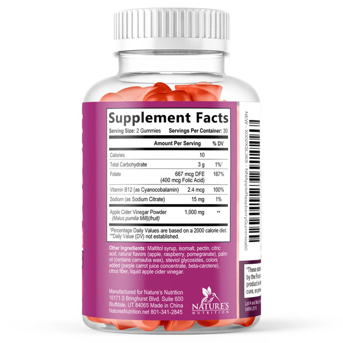 Apple Cider Vinegar Gummies Sugar Free 1000mg for Cleanse, ACV Gummy Vitamin B12 for Digestion Energy & Immune Health Support, Supports Metabolism, Keto Friendly, Apple Raspberry Flavor - 60 Gummies