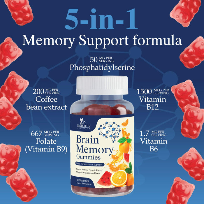 Brain Supplements Gummies for Memory, Focus, Concentration - Brain Gummy Vitamin Plus Nootropics, Phosphatidylserine, B6 & B12, Caffeine Free Nootropic, Clarity Support Supplement - 60 Gummies