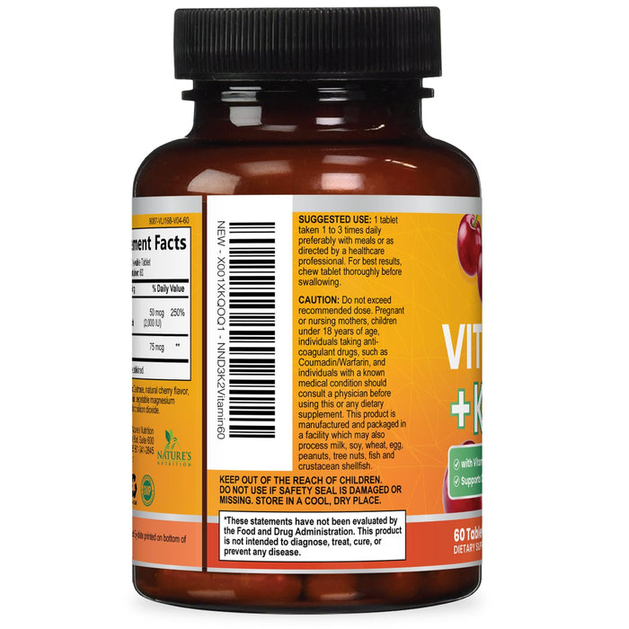 Vitamin D3 K2 2000 IU Plus with K2 (MK-7) 75 mcg - Vitamins D & K Complex Supplement for Bone, Teeth, Muscle, Calcium Absorption, Supports Immune & Heart Health, Non-GMO Chewable Formula - 60 Tablets