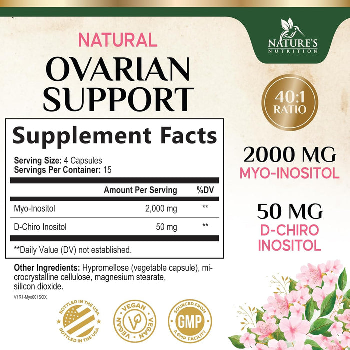 Myo-Inositol & D-Chiro Inositol 1025mg - 40:1 Ideal Ratio for Ovarian Support, Vegan Myo & D Chiro Supplement for Women's Natural Balance and Hormone Support, Vitamin B8, Non-GMO - 60 Capsules