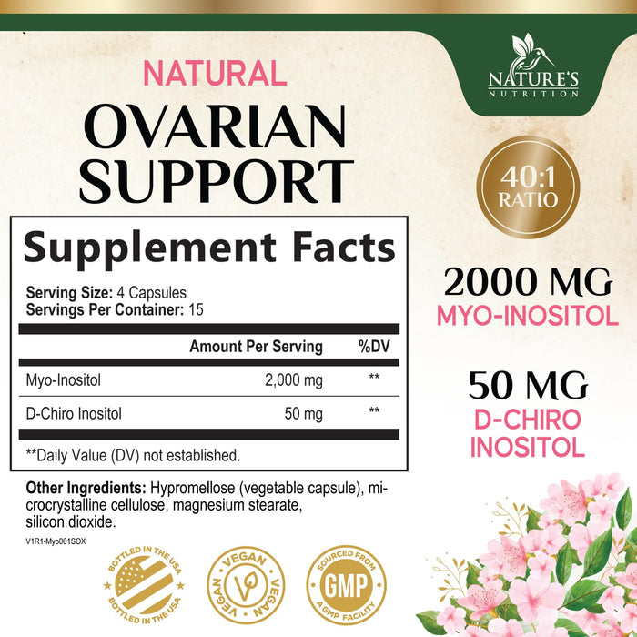 Myo-Inositol & D-Chiro Inositol 1025mg - 40:1 Ideal Ratio for Ovarian Support, Vegan Myo & D Chiro Supplement for Women's Natural Balance and Hormone Support, Vitamin B8, Non-GMO - 60 Capsules