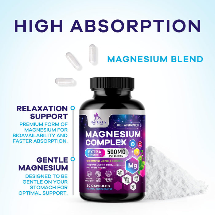 Magnesium Complex Supplement 500 mg - 4 in 1 High Absorption Chelated Magnesium Glycinate, Malate, Citrate, Oxide, Aquamin - Non-GMO Magnesio Capsules, Bone Muscle & Heart Health Support, 60 Capsules