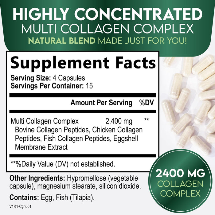 Multi Collagen Peptides Supplement 2400 mg, Types I, II, III, V & X Multi Collagen Pills Complex, Hydrolyzed Collagen Peptides Supplements, Hair, Skin, Nail, and Joint Support Supplement, 60 Capsules