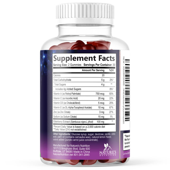 Sambucus Elderberry Immune Support Gummies for Kids & Adults, Elderberry Extract Gummy with Vitamins with Vitamin C, D3, Zinc, Immune Health Support Gummy Supplement, Black Elder Berry - 60 Gummies