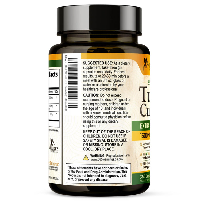 Turmeric Curcumin Supplement 1500mg - Organic Tumeric & BioPerine Black Pepper for Best Absorption with 95% Curcuminoids, Nature's Joint & Immune Support, Non-GMO, Bottled in USA