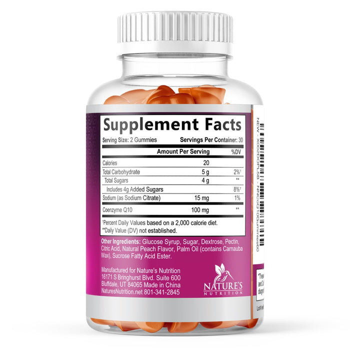 Nature's Nutrition CoQ10 Gummies 100mg – High Absorption Coenzyme Q10 Supplement for Heart Health, Energy & Antioxidant Support – Peach Flavor Gummy, Vegan, Non-GMO, Gluten Free – 60 Count