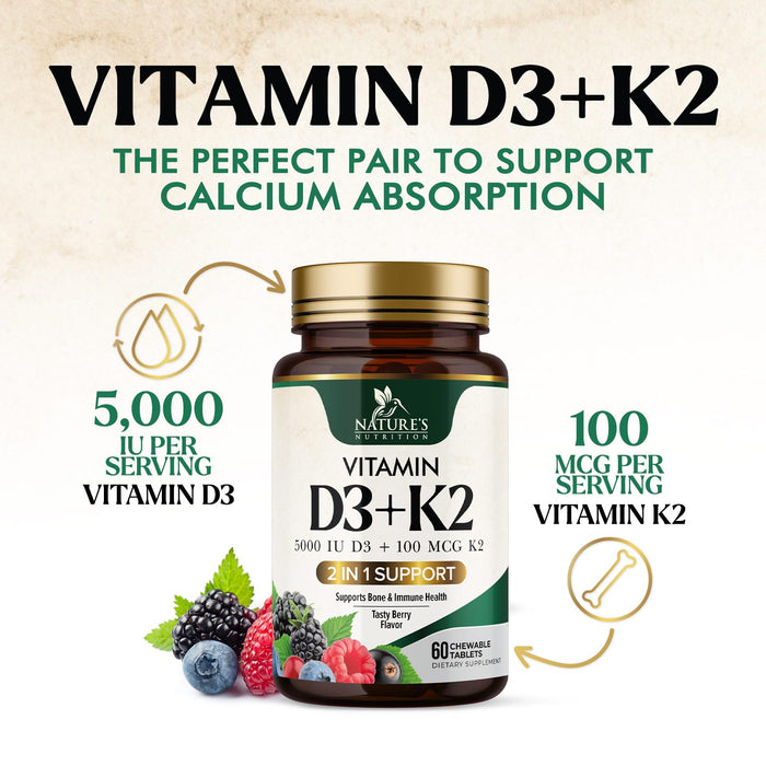 Vitamin D3 K2 Supplement | 5000 IU D3 + K2 100 mcg | MK-7 K2 with Vitamin D | Supports Immune, Heart, Teeth & Bone Health - Nature's Easy to Chew, VIT D3 K2, Non-GMO, Tasty Berry Flavor - 60 Tablets
