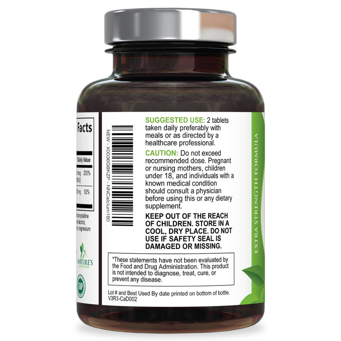 Calcium Supplement with Vitamin D - 1200 mg Calcium Carbonate with 1600 IU of D3 Vitamins - Supports Bone Strength, Teeth & Immune System - Natural & Easily Absorbable for Women & Men - 180 Tablets