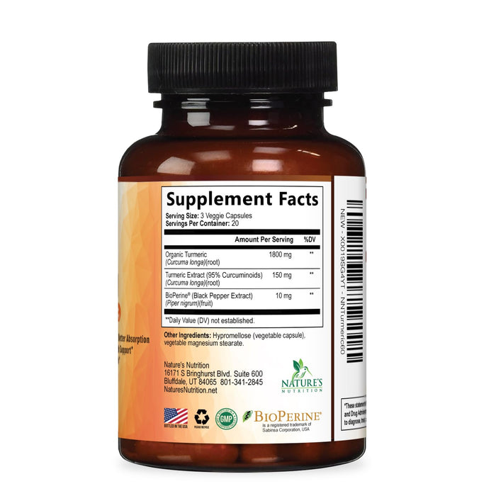 Turmeric Curcumin Supplement 1950mg - 95% Curcuminoids with Organic Turmeric & BioPerine Black Pepper Extract for Best Absorption, Nature's Vegan Joint Support, Non-GMO, Bottled in USA - 60 Capsules