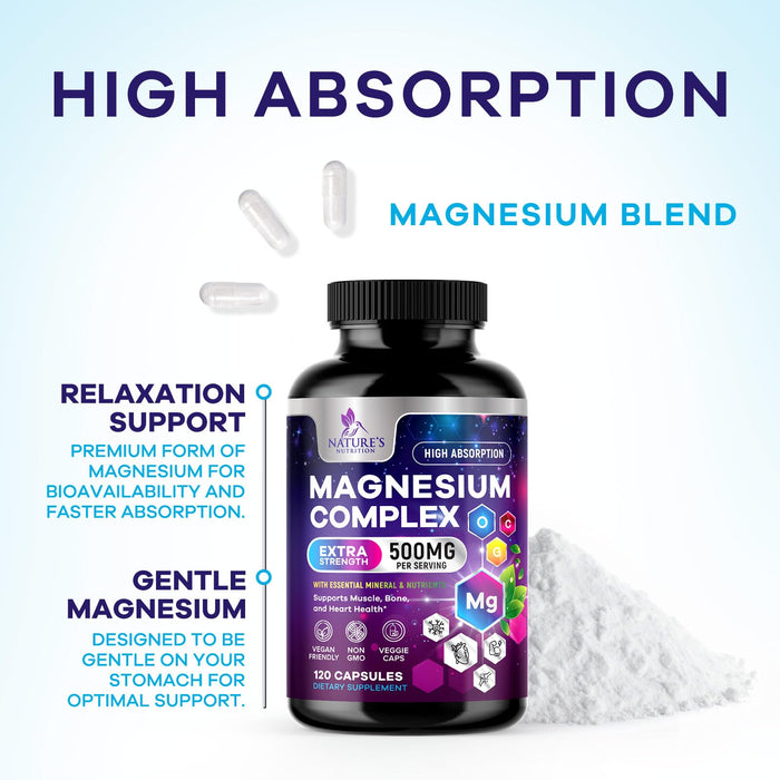 Magnesium Complex Supplement 500 mg - 4 in 1 High Absorption Chelated Magnesium Glycinate, Malate, Citrate, Oxide, Aquamin - Non-GMO Magnesio Capsules, Bone Muscle & Heart Health Support, 120 Capsules