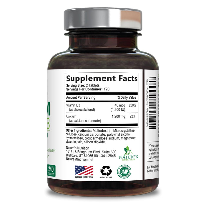 Calcium Supplement with Vitamin D - 1200 mg Calcium Carbonate with 1600 IU of D3 Vitamins - Supports Bone Strength, Teeth & Immune System - Natural & Easily Absorbable for Women & Men - 240 Tablets