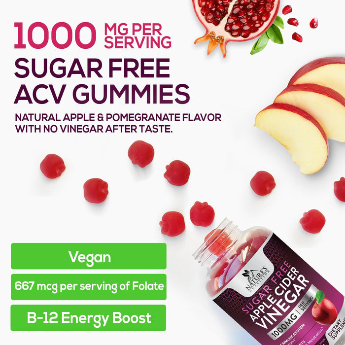 Apple Cider Vinegar Gummies for Weight Loss 1000mg - Vegan Apple Vinegar Gummy for Detox & Cleanse, ACV Supplement Pills, Vitamin B12, Sugar Free ACV Gummy, Non-GMO, Nature's Nutrition - 120 Gummies
