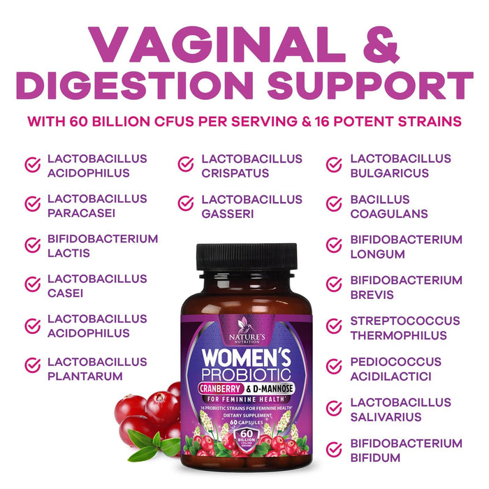 Probiotics for Women 60 Billion CFU - 16 Strains, Prebiotics & Cranberry, PH Balance, Digestive Health, Vaginal & Immune Support, Womens Probiotic for Gut Health, Shelf Stable - 60 Capsules