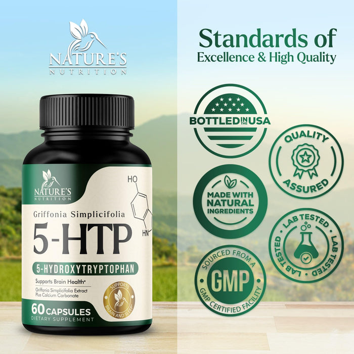 5 HTP 200mg Capsules Vegetarian Supplement - 5HTP Plus Calcium for Brain Support - Extra Strength Griffonia Simplicifolia 5-HTP Formula - 5 Hydroxytryptophan - Gluten Free & Non-GMO - 60 Capsules