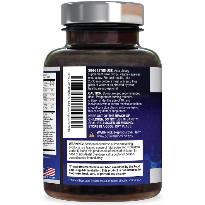 Brain Memory Supplement Pills - Nootropics Support for Concentration, Clarity, Alertness & Focus - Brain Health with Bacopa, Cognitive Vitamins, Phosphatidylserine, DMAE - Brain Booster - 240 Capsules